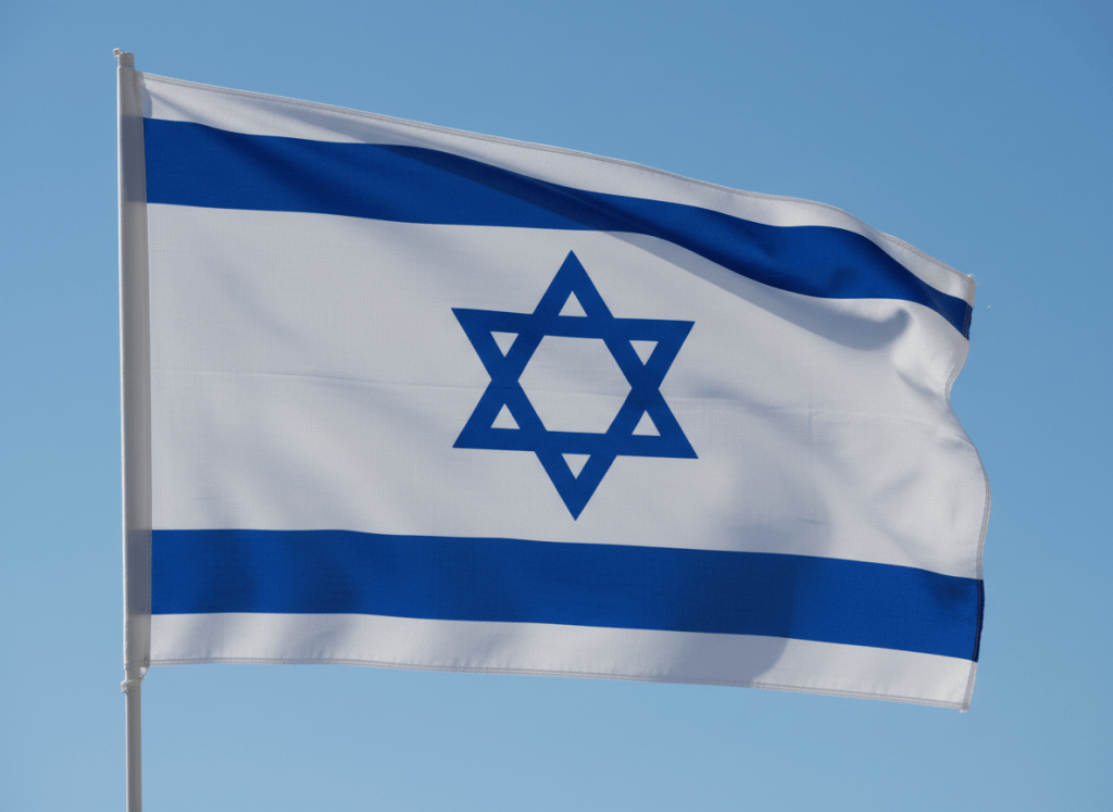 The flag of Israel — white background with two horizontal blue stripes near the top and bottom, and a blue Star of David (hexagram) centered in the middle. Clean, accurate, photorealistic rendering.