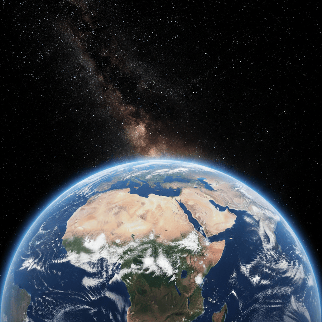 A stunning photorealistic image of Earth viewed from outer space, showing blue oceans, green and brown landmasses, white swirling clouds, and the blackness of space in the background. The image should look like a real photograph taken from a satellite or spacecraft.